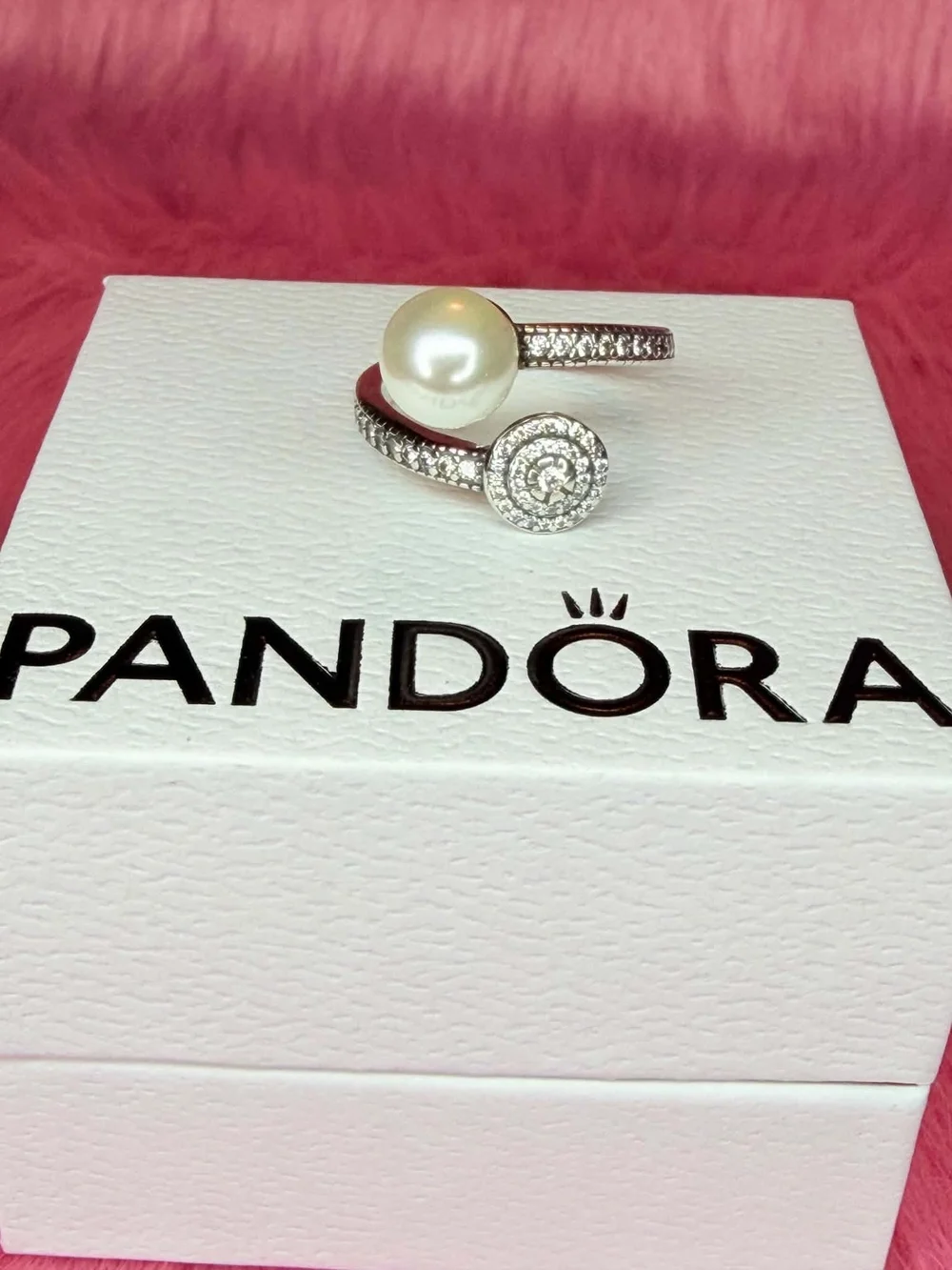 Pandora Silver Ring with White Pearl and Clear Stones
